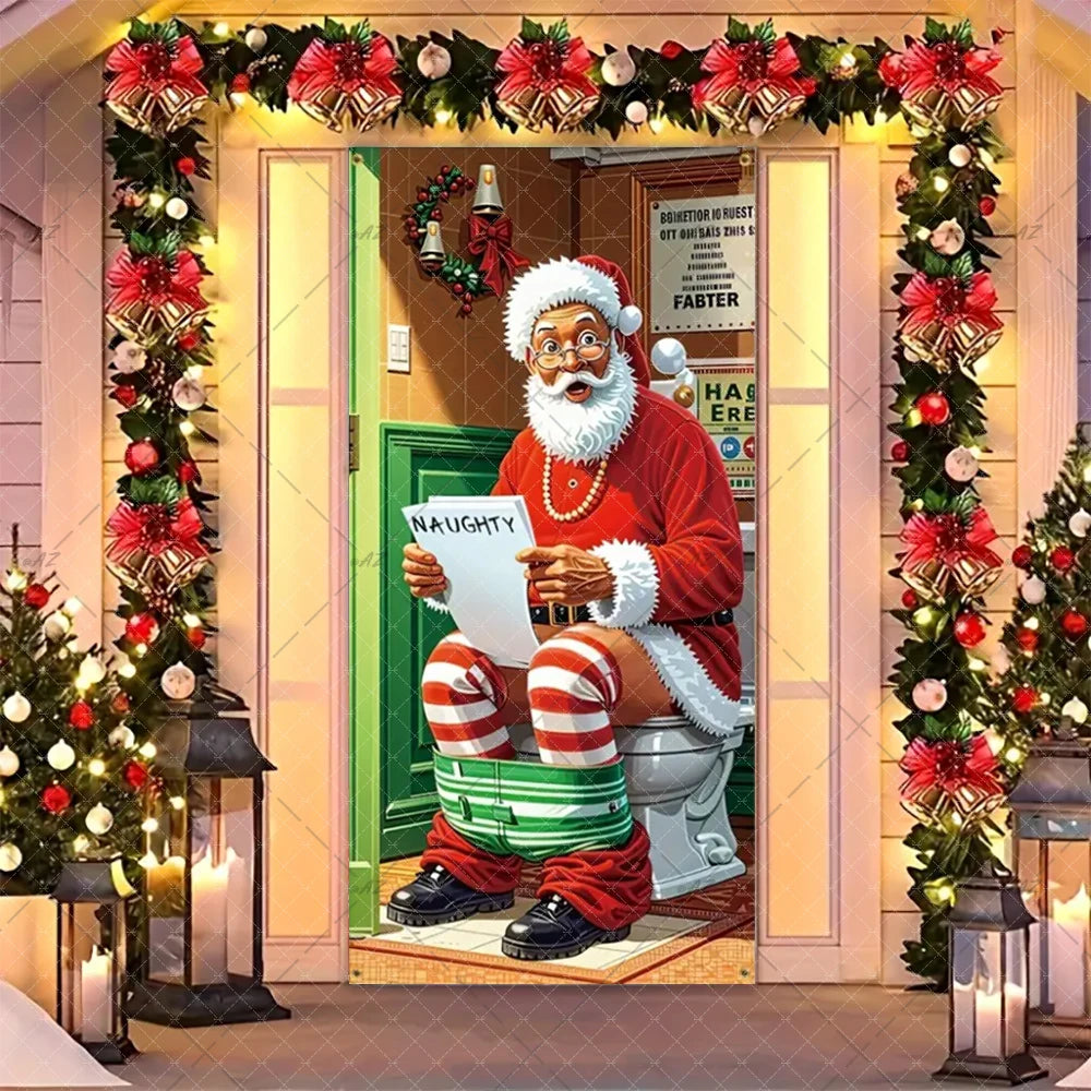 Christmas Humorous Santa Claus And Elk Door Banner Party Decorations Indoor Outdoor Veranda Door Cover Supplies Festive Gifts