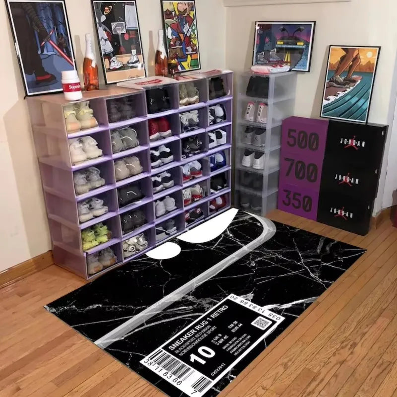 VIKAMA Trendy Shoe Box Print Living Room Rug, Street-Style Non-Slip Washable Floor Mat, Home Decor for Gaming Rooms and Bedrooms