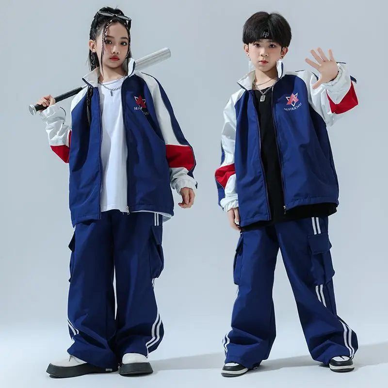 Kid Cool Hip Hop Clothing Navy Blue Zip Up Windbreaker Jacket Coat Top Casual Wide Pants for Girl Boy Jazz Dance Costume Clothes