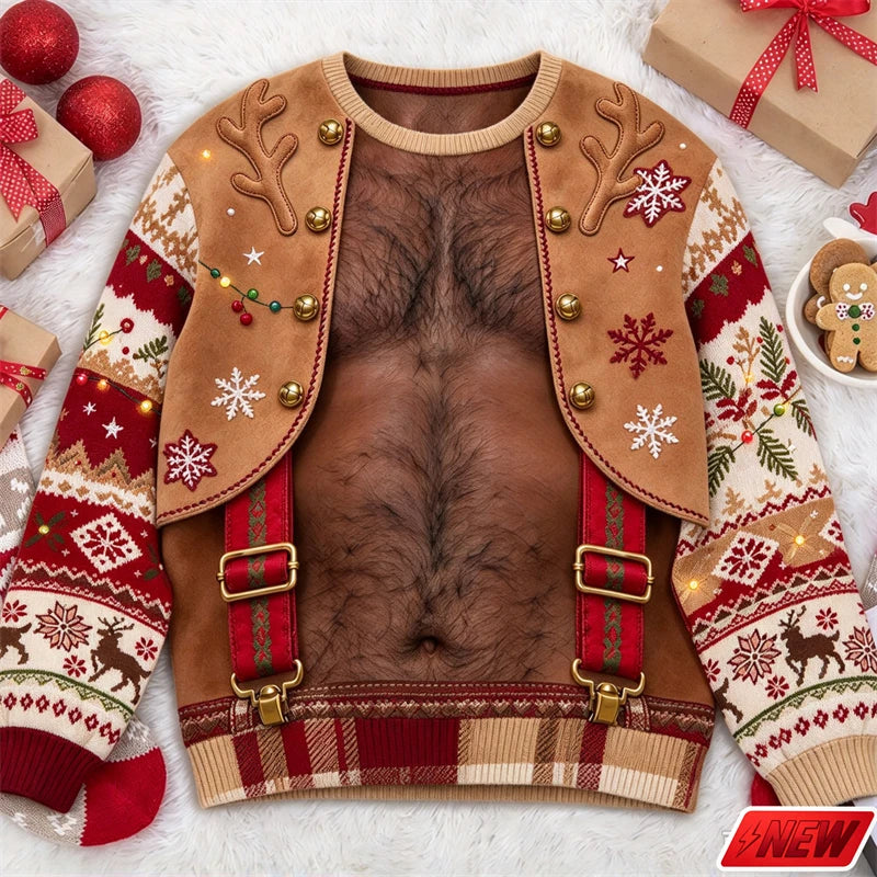 Xmas Sweatshirt Men Funny Cosplay 3D Print Fake Sweater Knit Reindeer Snowflake Pattern Festive Gift New Long Sleeve Sweatshirt