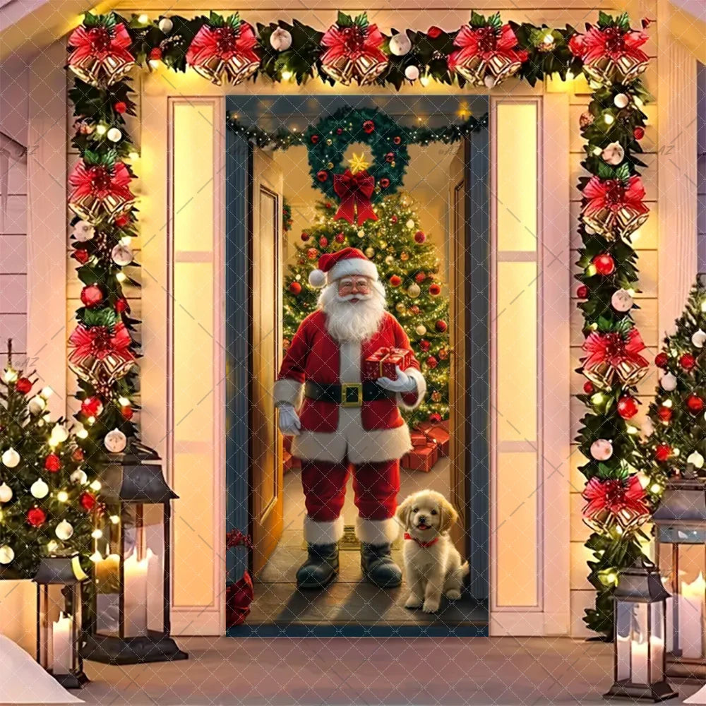 Christmas Humorous Santa Claus And Elk Door Banner Party Decorations Indoor Outdoor Veranda Door Cover Supplies Festive Gifts