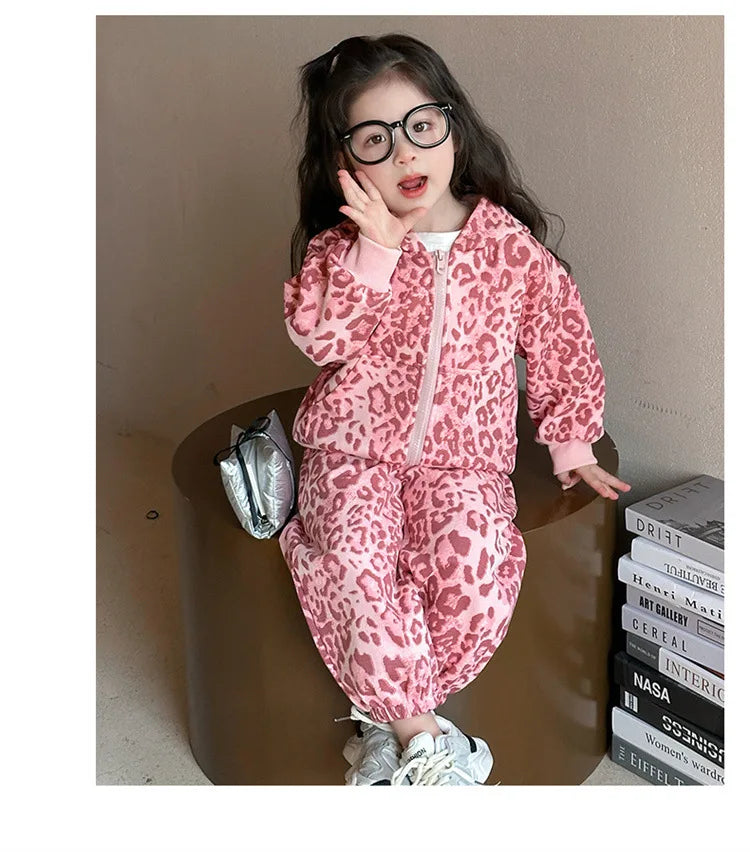 Girls Suit 2025 Autumn and Winter New Children's Clothing Korean Style Girl Baby Fashion Leopard Print Hoodie Sports Two Sets