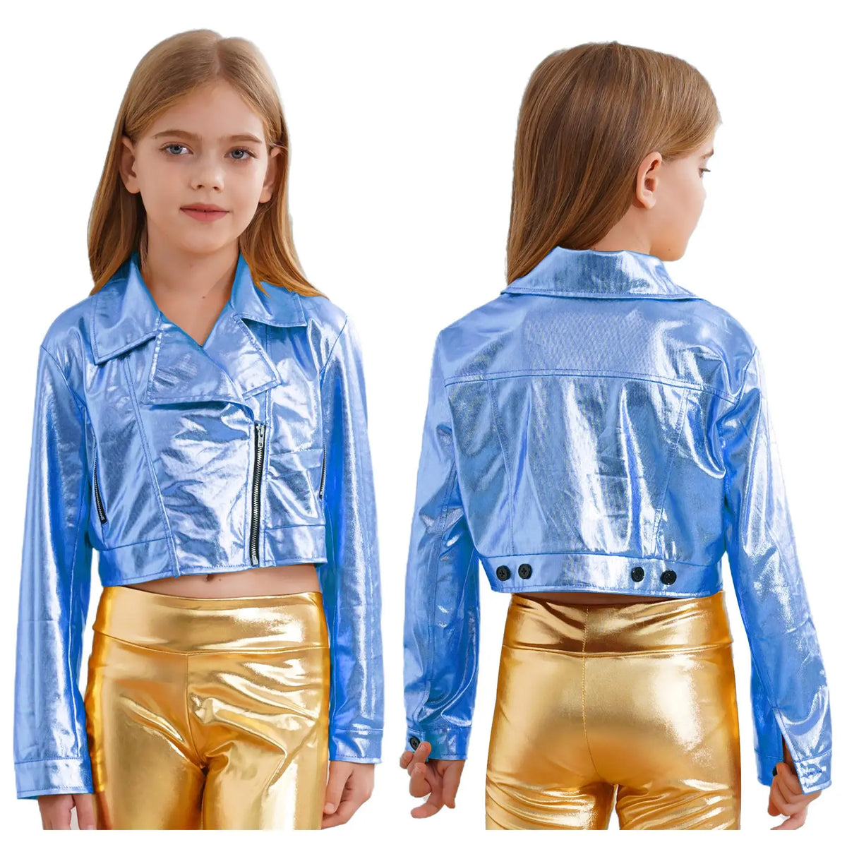 Kid Girls Boys Zipper Metallic Motorcycle Jacket Coat Hip-Hop Jazz Street Dance Outwear School Party Stage Performance Dancewear