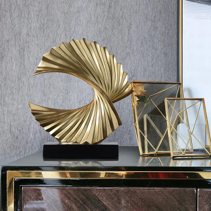 Modern Abstract Sculpture Art Deco Decor, Gold Ocean Wave Sculpture Large Home Decor Accents, Gold Statue for Men Office House M