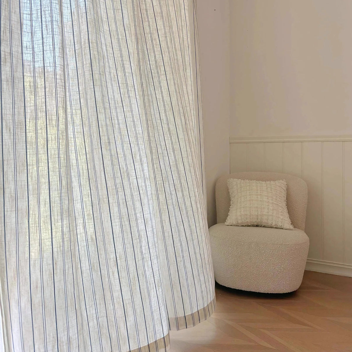 French Medieval Linen Grainy Cream Living Room Bedroom Floating Window Sunshade Blue And White Striped Gauze Curtain