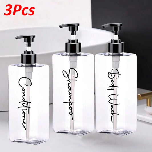 3 Transparent Square Refillable Shampoo and Conditioner Dispensers, 400ml Each, with 3 Waterproof Labels