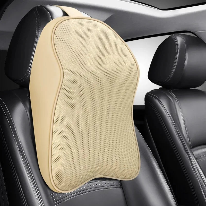 3D Nappa PU Leather Headrest Memory Foam Car Neck Pillow - Travel Pain Relief Support for Car Neck Comfort