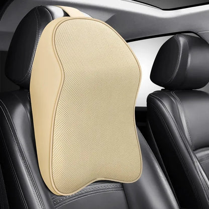 3D Nappa PU Leather Headrest Memory Foam Car Neck Pillow - Travel Pain Relief Support for Car Neck Comfort