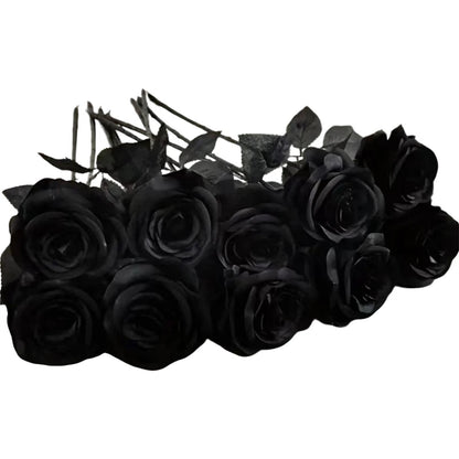 Artificial Black Roses Fake Flowers Long Stem With leaves for Halloween Home Decor Wedding Party Tabletop Bouquet DIY Creative