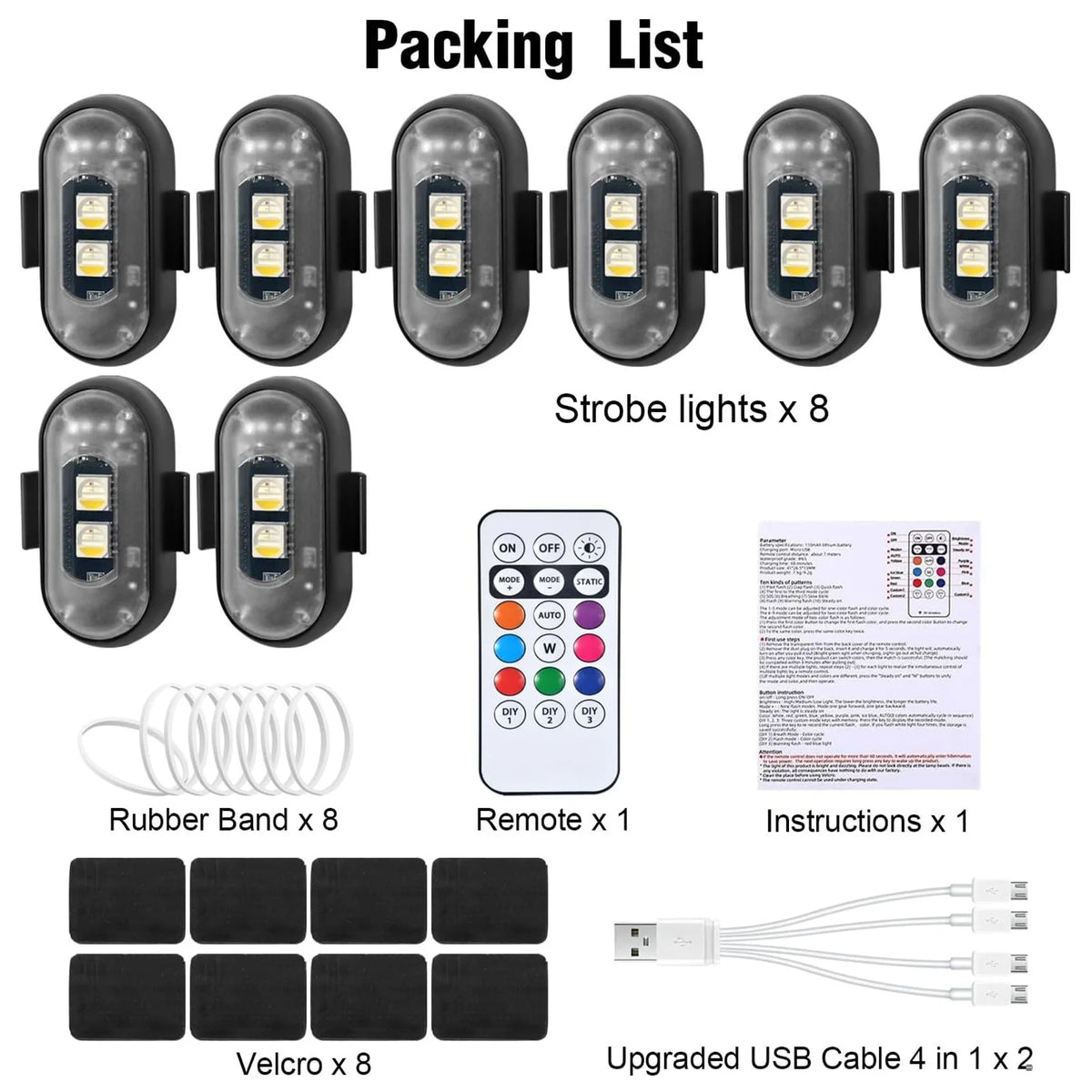 Wireless LED Strobe Lights with Remote Control, 8 Colors Rechargeable Anti-Collision LED Warning Lights for Car Motorcycle Bike