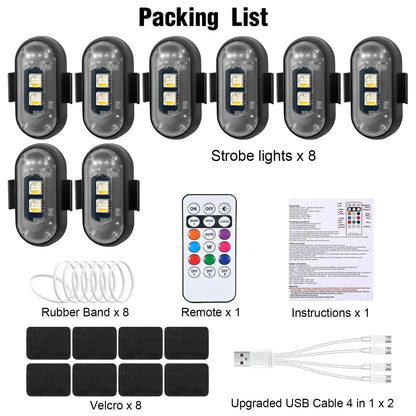 Wireless LED Strobe Lights with Remote Control, 8 Colors Rechargeable Anti-Collision LED Warning Lights for Car Motorcycle Bike