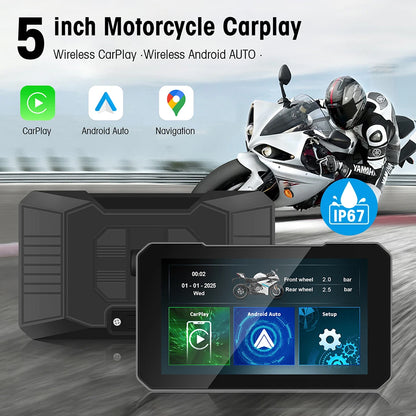 5inch Motorcycle  Screen Moto DVR GPS Navigation Wireless Carplay Android Auto IP67 Waterproof Moto