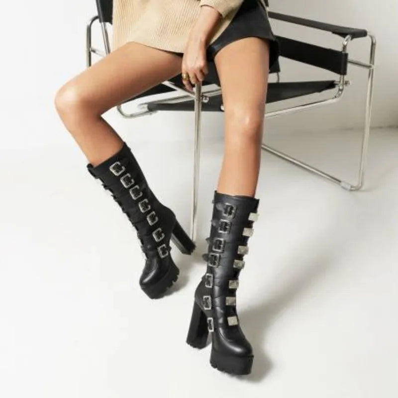 Punk Gothic Solid Black Multi-buckle Strap Designer Women's Winter Warm Shoes Western Platform Block High Heels Mid-calf Boots