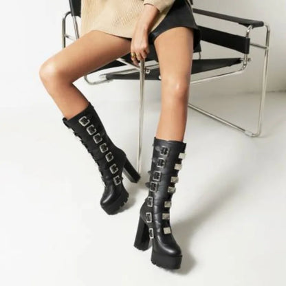 Punk Gothic Solid Black Multi-buckle Strap Designer Women's Winter Warm Shoes Western Platform Block High Heels Mid-calf Boots