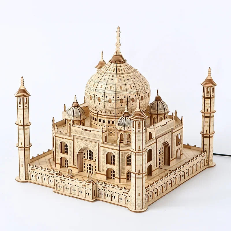 3D Wooden Puzzle House Royal Castle Taj Mahal With Light Assembly Toy For Kids Adult DIY Model Kits Desk Decoration for Gifts