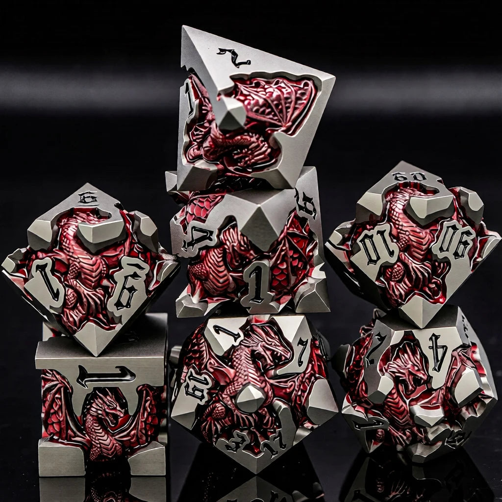 Dragon DND Metal Dice Set D6 D&D Dungeon and Dragon Pathfinder Table Role Playing Game Black Red RPG Polyhedral D20 D and D Dice