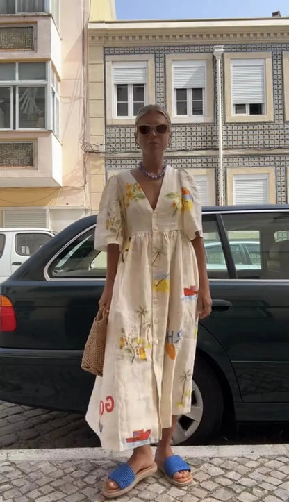 Elegant Printed Dress Women V Neck Puff Sleeve Loose Midi Female Dresses 2024 Summer Holidays Casual Lady Beach A-Line Vestidos