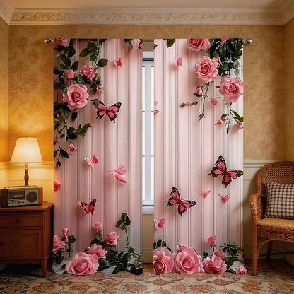 2PCS Digital Printed Curtains, Butterfly Pink Rose Romantic Botanical, Rod Pocket Window Drapes for Living Room Bedroom Decor