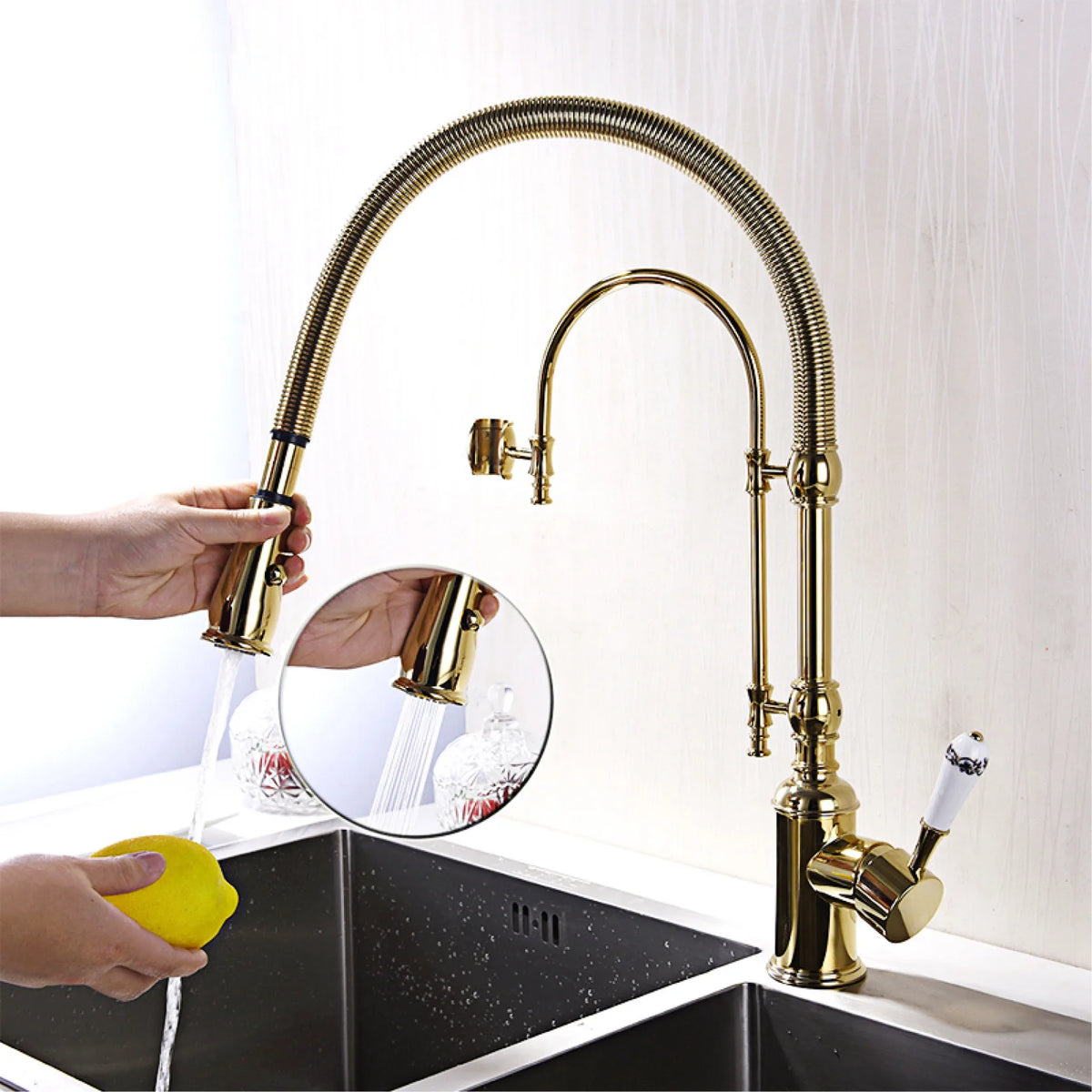 AITANA Luxury Golden Brass Kitchen Faucet with Retro Design, Single Handle Hot and Cold Dual Control 2 Function Sink Mixer
