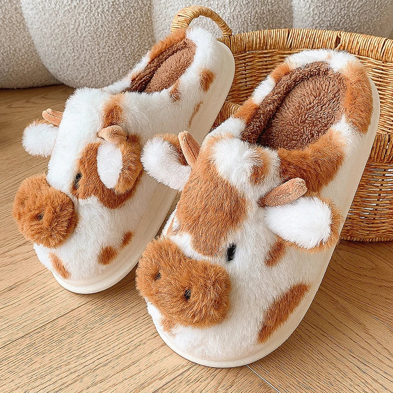 Casual Fluffy Slippers Women House Cute Cartoon Cow Designer Shoes Girl Flat Fashion Elegant Plush Winter Platform Footwear Home