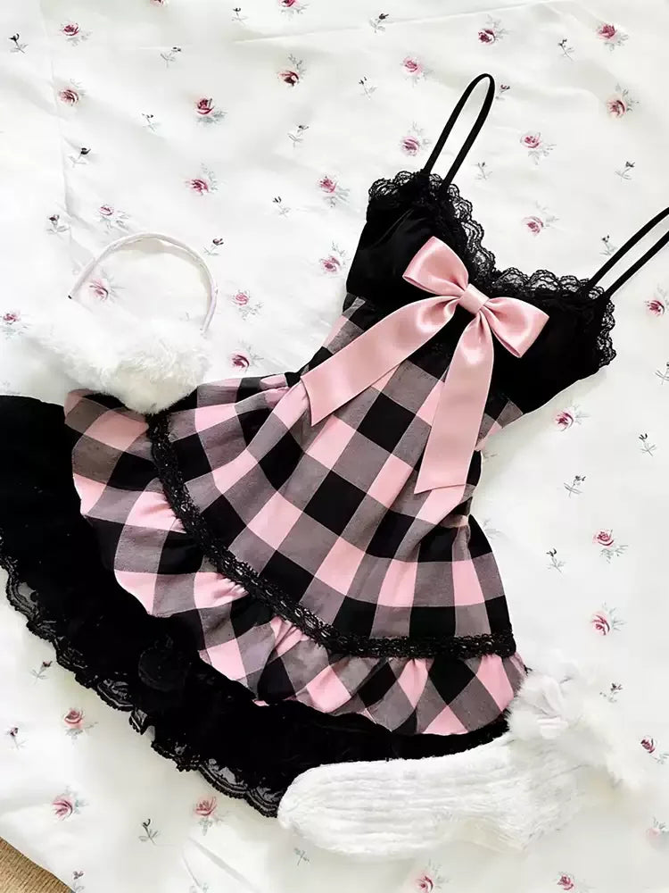 Summer Japanese Kawaii Sweet Mini Dress Women Plaid Strapless Lace Trim Elegant Sexy Dress Female Korean Chic Popular Clothes