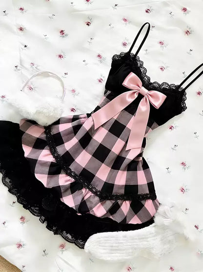 Summer Japanese Kawaii Sweet Mini Dress Women Plaid Strapless Lace Trim Elegant Sexy Dress Female Korean Chic Popular Clothes