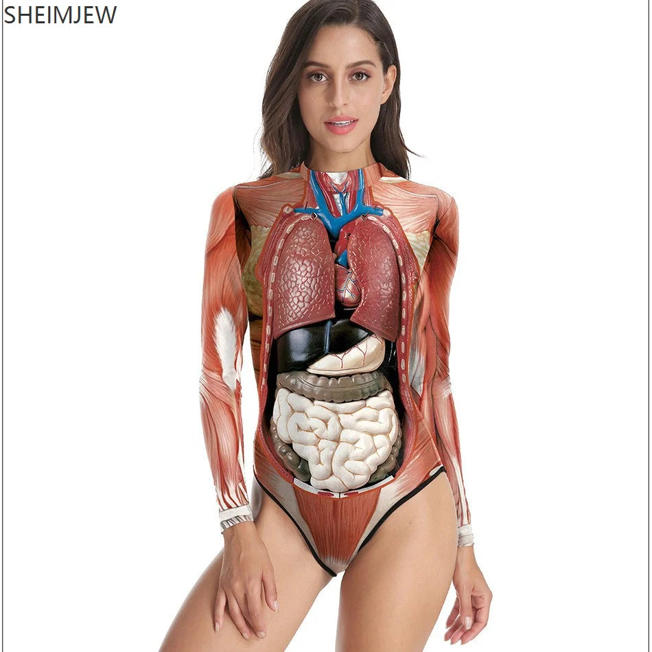 Halloween 3d Party Muscle Jumpsuits Summer Fun Elastic Swimsuit Human Anatomy Print Bodysuit Adult Women Cosplay Costume Tights