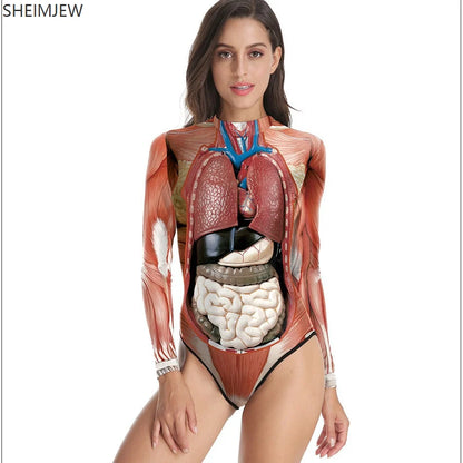 Halloween 3d Party Muscle Jumpsuits Summer Fun Elastic Swimsuit Human Anatomy Print Bodysuit Adult Women Cosplay Costume Tights
