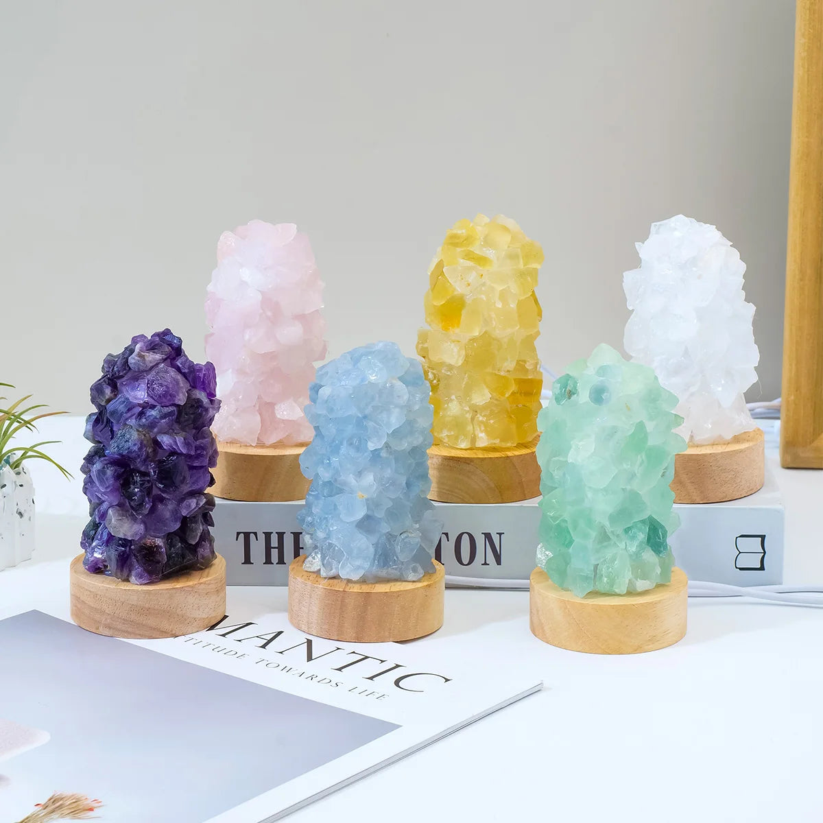 1PC Citrine Crystal Wishing Lamp with Natural Amethyst Raw Stones, Dimmable USB Night Light with Switch, for Home & Bedroom Deco