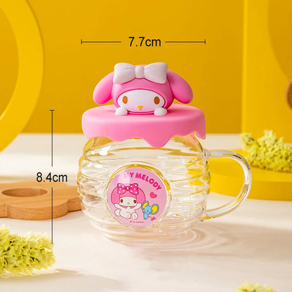 For Sanrio Kawaii Glass Cups for Kuromi& Hello Kitty& Cinnamoroll Anime Juice Mug with Silicone Lid Home Chilled Soda Water Cup