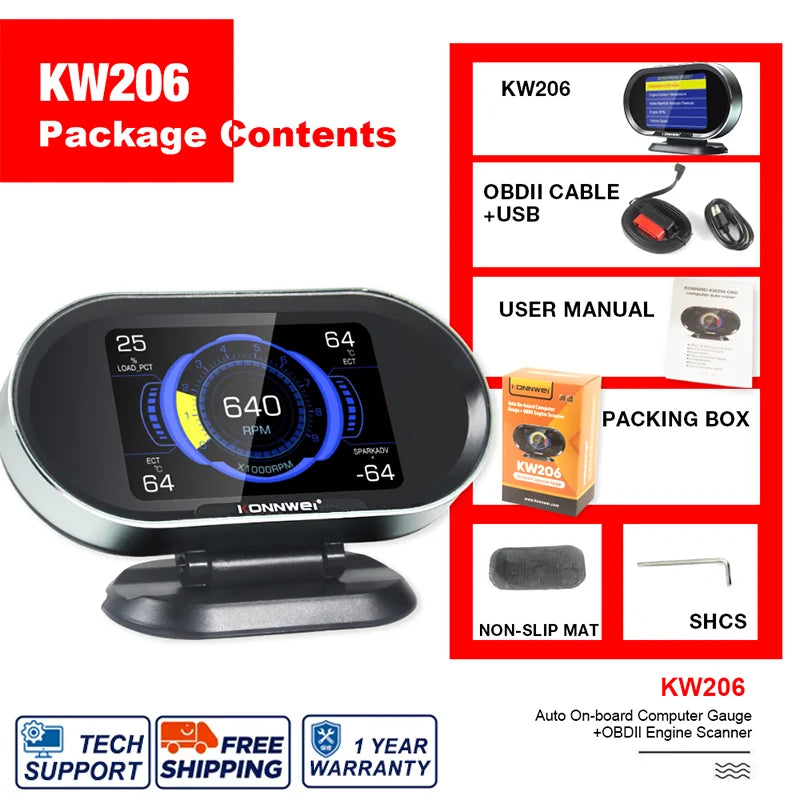 2026 KONNWEI KW206 Car OBD2 HUD Digital Instrument Computer Intelligent OBD Speedometer Water Temperature Fuel Pressure Tester