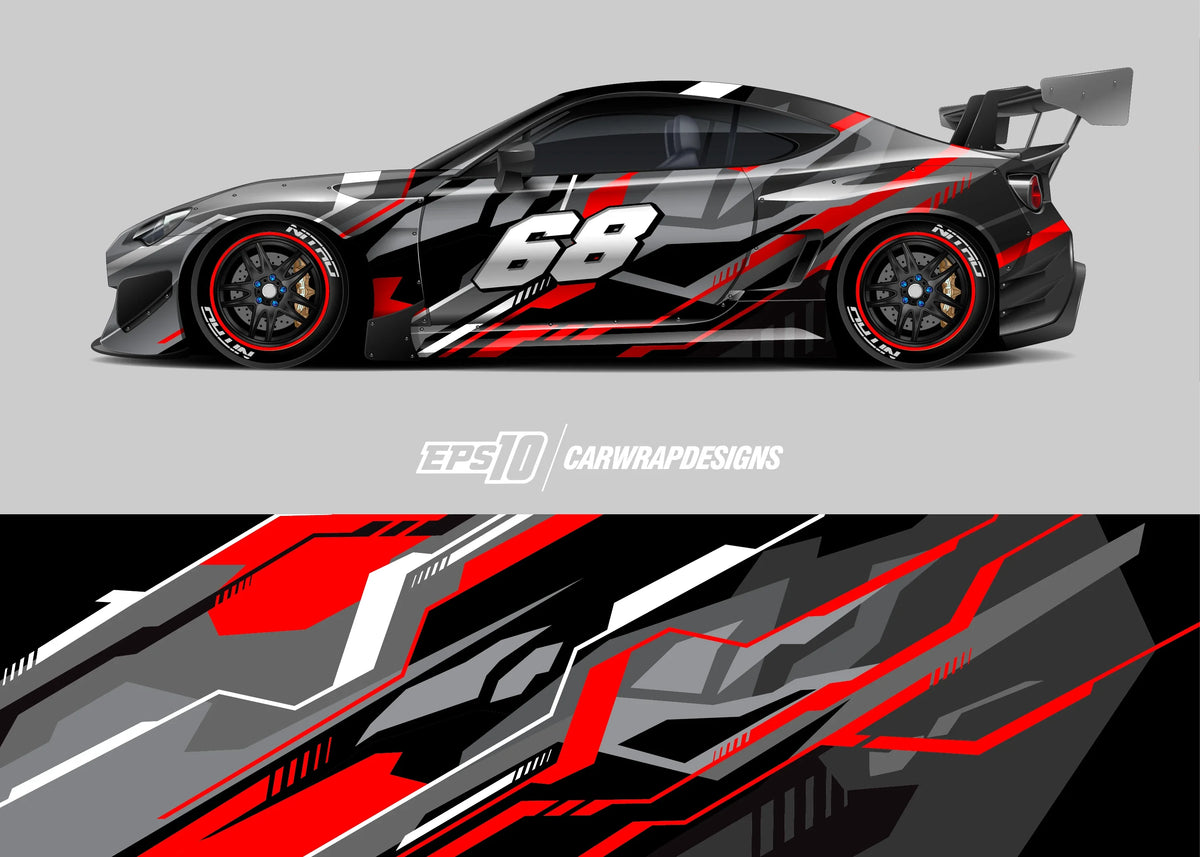 Full body racing car decal graphic design in red and black showcasing stylish racing patterns on a sleek car.