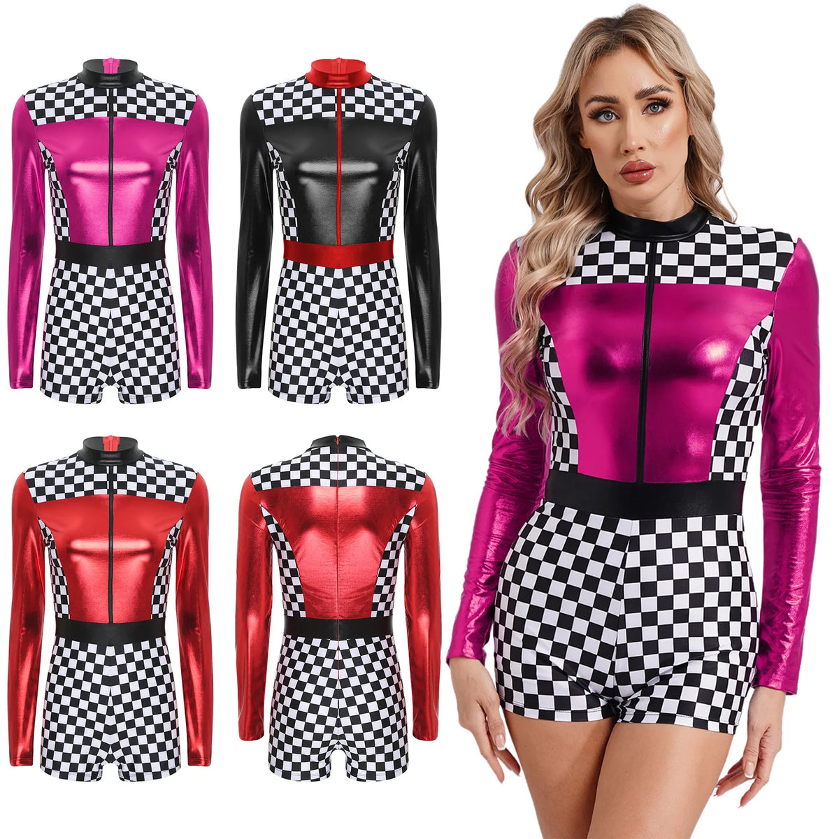 Women's Race Car Driver Romper Bodysuit Halloween Cosplay Costumes Theme Checkerboard Print Long Sleeve Boyshorts Racer Jumpsuit