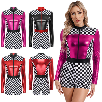 Women's Race Car Driver Romper Bodysuit Halloween Cosplay Costumes Theme Checkerboard Print Long Sleeve Boyshorts Racer Jumpsuit