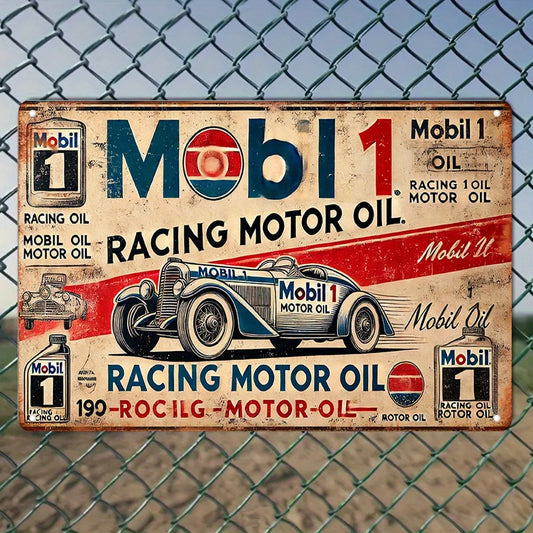 Vintage Mobil 1 Racing Motor Oil Metal Tin Sign, Retro Classic Car Iron Painting Wall Art, Rustic Garage Decorative Plaque for M