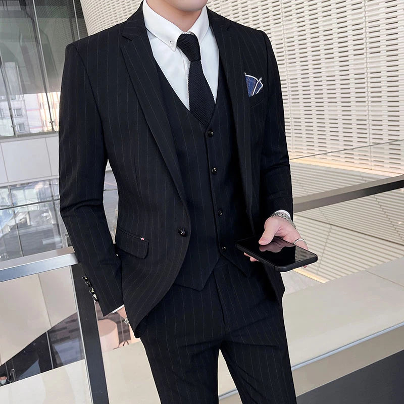 Winter Stripes Three-piece High-Grade Groom Wedding Suit with Vest And Trousers Business Fashion Handsome Casual Wedding Outfit