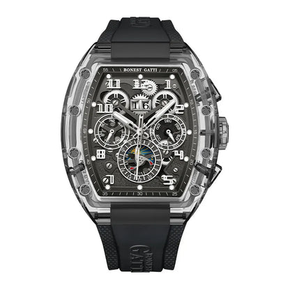 BONEST GATTI Men Automatic Watch Tonneau Mechanical Wristwatch Crystal Case Rubber Band Month Week Date Multi Dial Watches