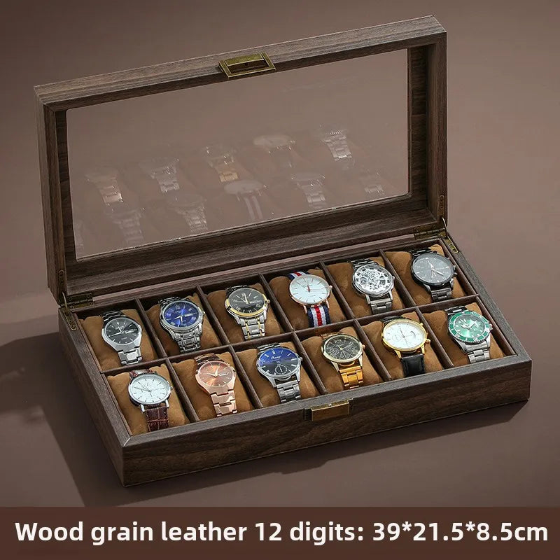 Luxury Wooden Grain Leather Watch Case High-Capacity Storage Multi-Watch Jewelry Organizer for Home
