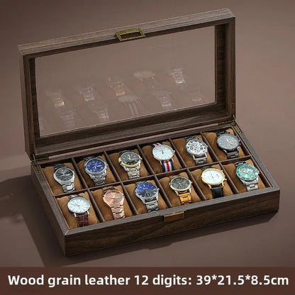 Luxury Wooden Grain Leather Watch Case High-Capacity Storage Multi-Watch Jewelry Organizer for Home