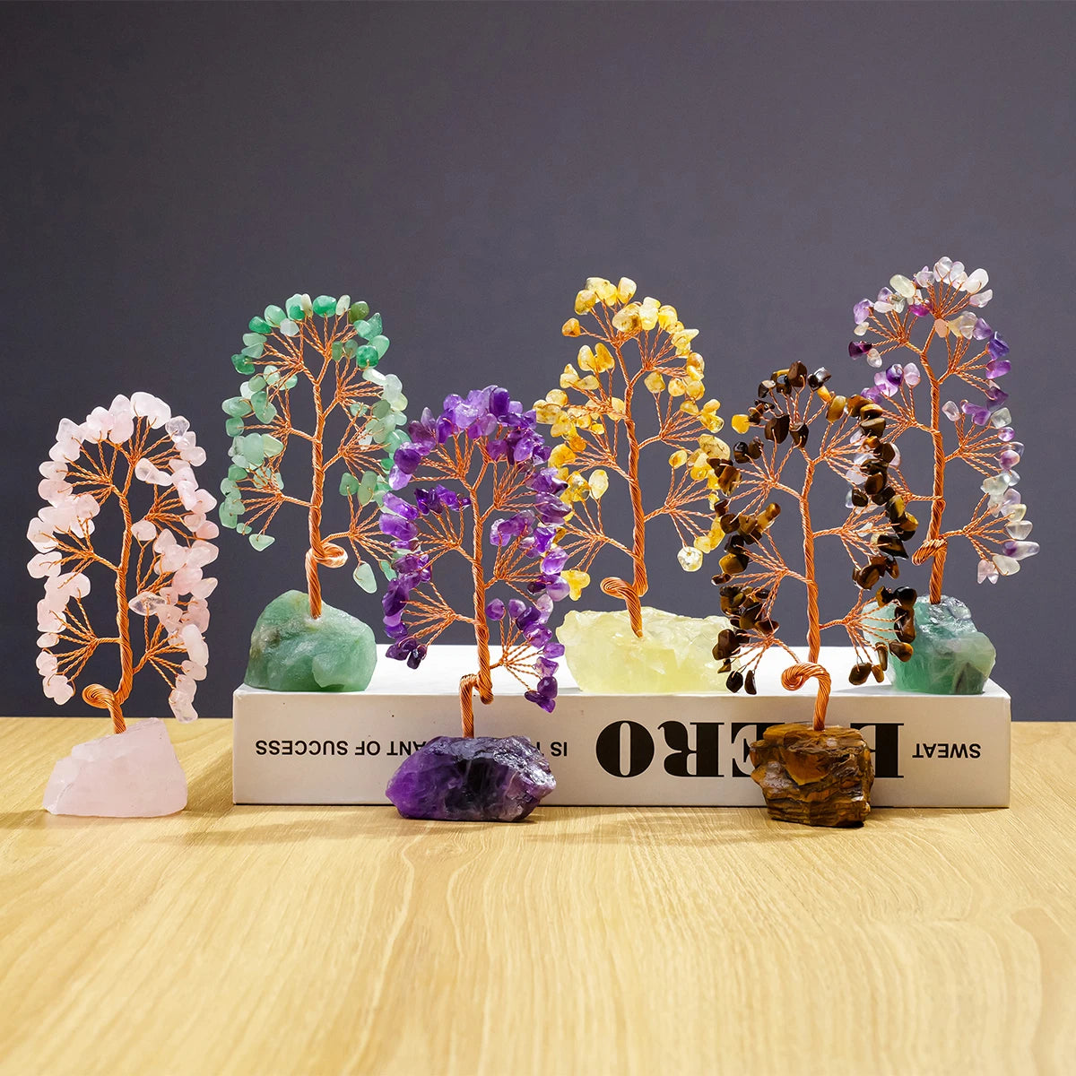 1 Piece Natural Gemstone Crystal Lucky Tree Decoration with Raw Stone Base – for Home, Office Desk & Living Room