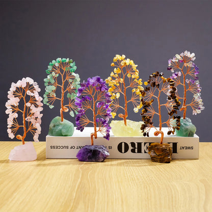 1 Piece Natural Gemstone Crystal Lucky Tree Decoration with Raw Stone Base – for Home, Office Desk & Living Room