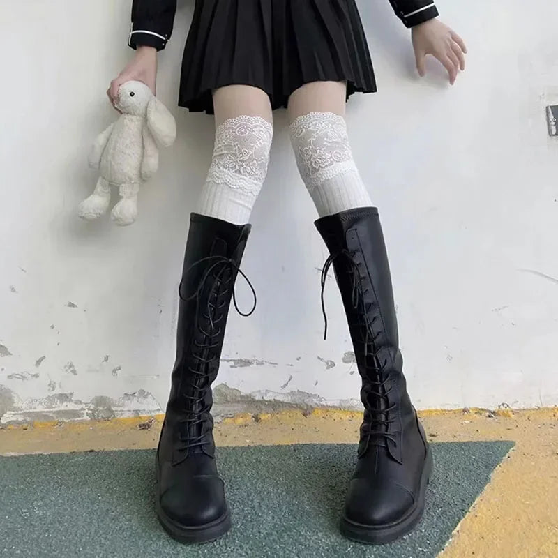 Women's Lace Thigh High Stockings Casual Over The Knee Patchwork Long Socks Thermal Vertical Stripe Socks Female Tube Leggings