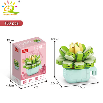 HUIQIBAO MOC Flower Succulent Potted Model Building Block DIY Eternal Bouquet Home Desk Plant Decor Brick Girl Gift Children Toy