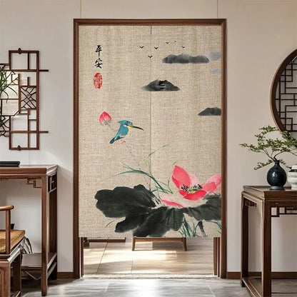 VIKAMA Chinese Zen Style Noren Door Curtain - Linen Texture Noren Curtain for Home Bedroom Kitchen Partition Decor