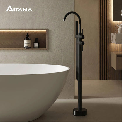 AITANA Luxury Black Brass Bathroom Faucet. Floor Standing Design with Simple 2 Handle Hot and Cold Bathtub and Dual-Mode Faucet