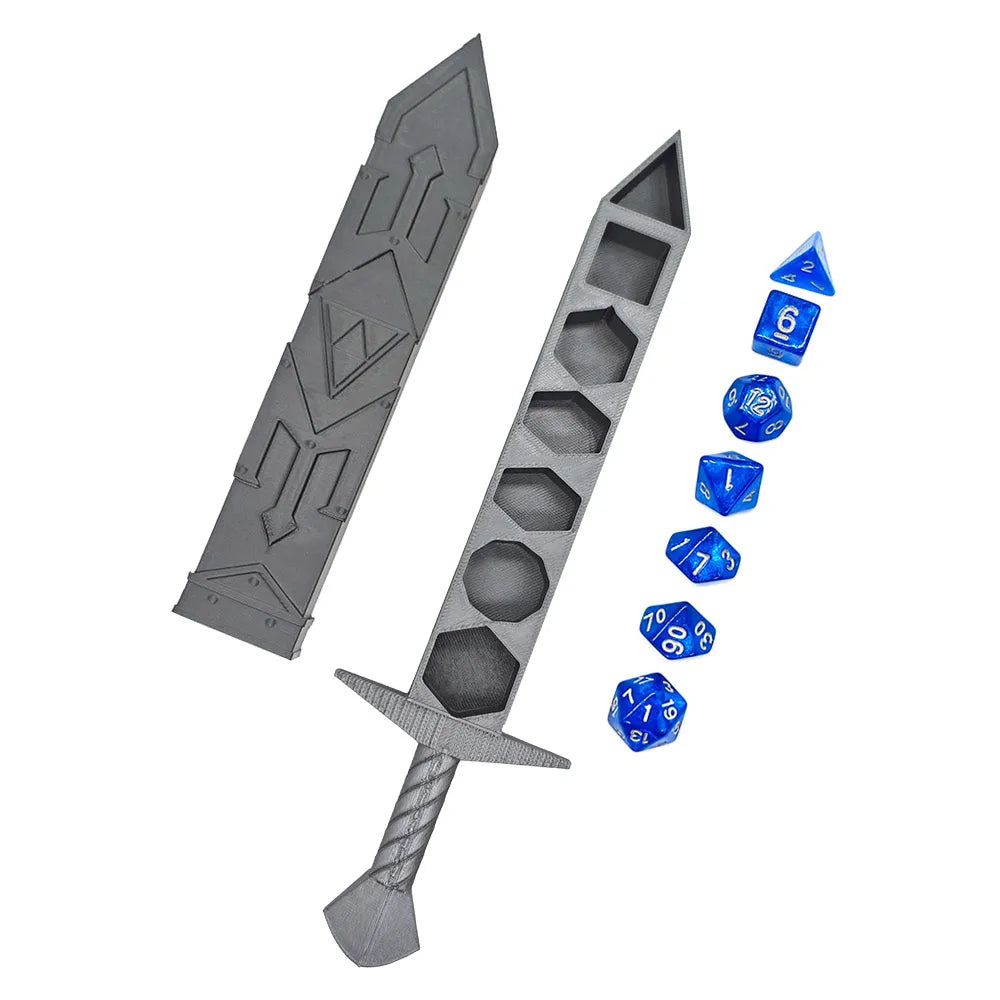 Creative Silvery Sword-shaped Storage Box with 7Pcs DND Dices Set Portable RPG TRPG Games Dice Role Playing Games Accessories