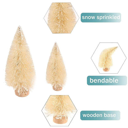 8PCS Mini Christmas Pine Tree Decorations with Wooden Base Sisal Silk Bottle Brush Trees For Xmas Party Happy New Year