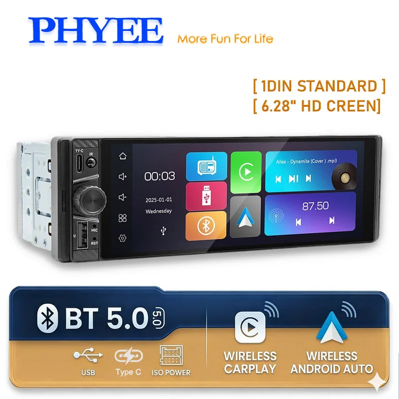 1 DIN 6.28" Touch Screen Car Radio with Wireless Apple CarPlay / Android Auto, Bluetooth 5.0, Type C Charging, FM USB MP5 Player
