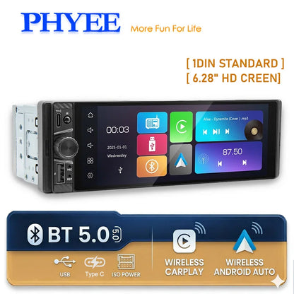 1 DIN 6.28" Touch Screen Car Radio with Wireless Apple CarPlay / Android Auto, Bluetooth 5.0, Type C Charging, FM USB MP5 Player