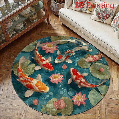Koi Fish Pattern Bedroom Decor Round Carpet Anti-slip Carpets for Living Room Fluffy Soft Lounge Floor Mat Thick Plush Study Rug
